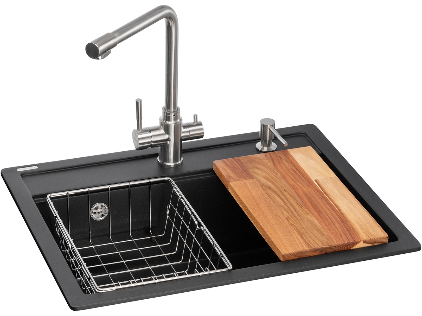 Мийка кухонна+змішувач+дозатор GRANADO Optimal Artes black shine (+Badalona LUX inox+ Redondo inox+кошик+дошка) — фото 1