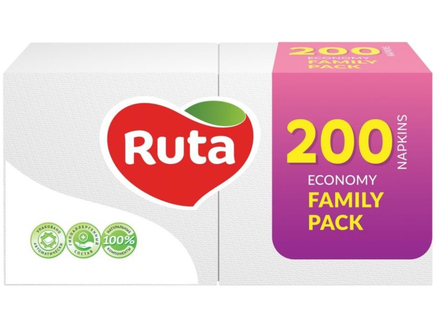 Серветки паперові Ruta 1 слой 24х24 см 200 шт. Белые Family Pack (4820023743724)