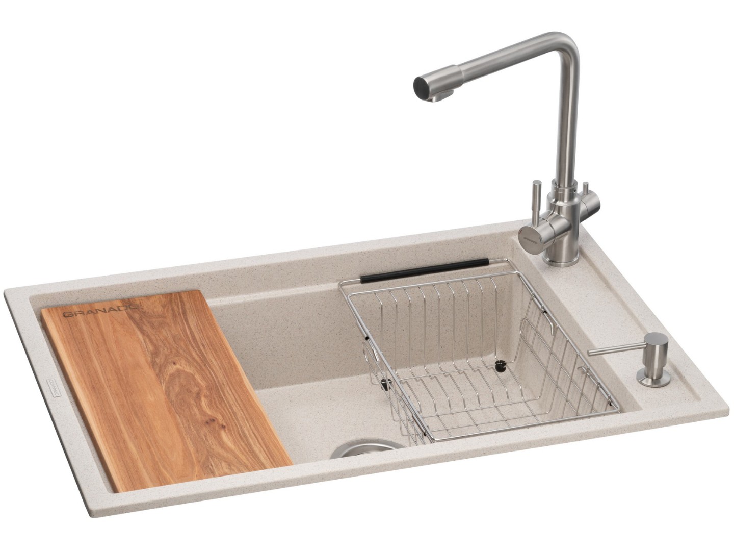 Мийка кухонна+змішувач+дозатор GRANADO Optimal Estella terra (+Badalona LUX inox+Redondo inox+кошик+дошка) — фото 1