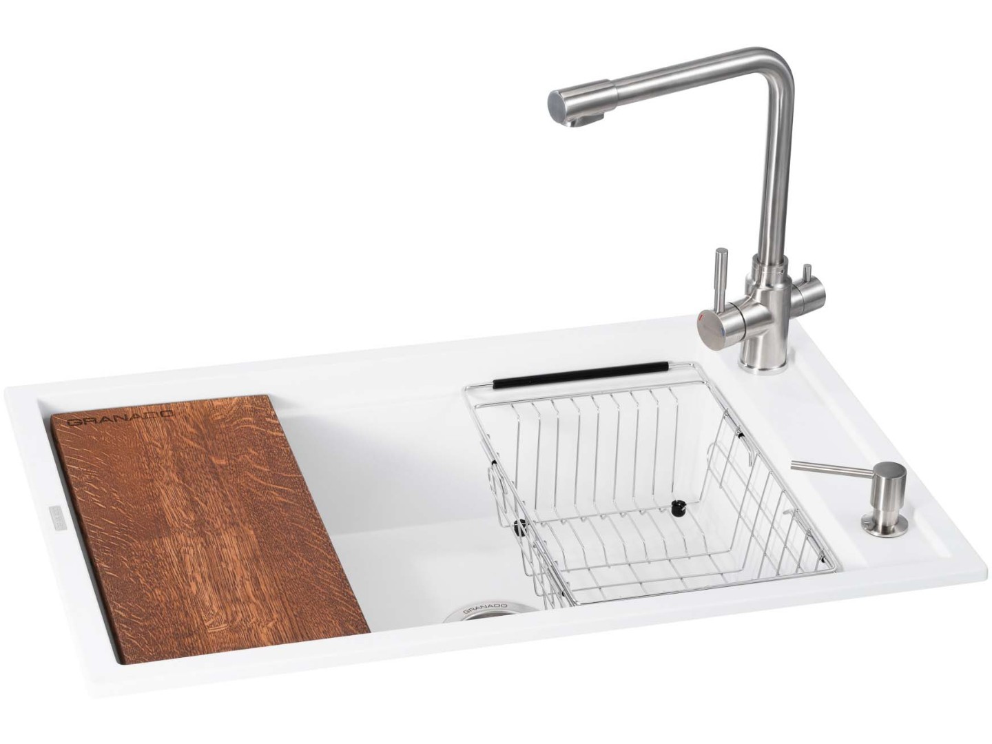 Мийка кухонна+змішувач GRANADO Optimal Estella white (+Badalona LUX inox + дозатор Redondo inox + кошик + дошка) — фото 1