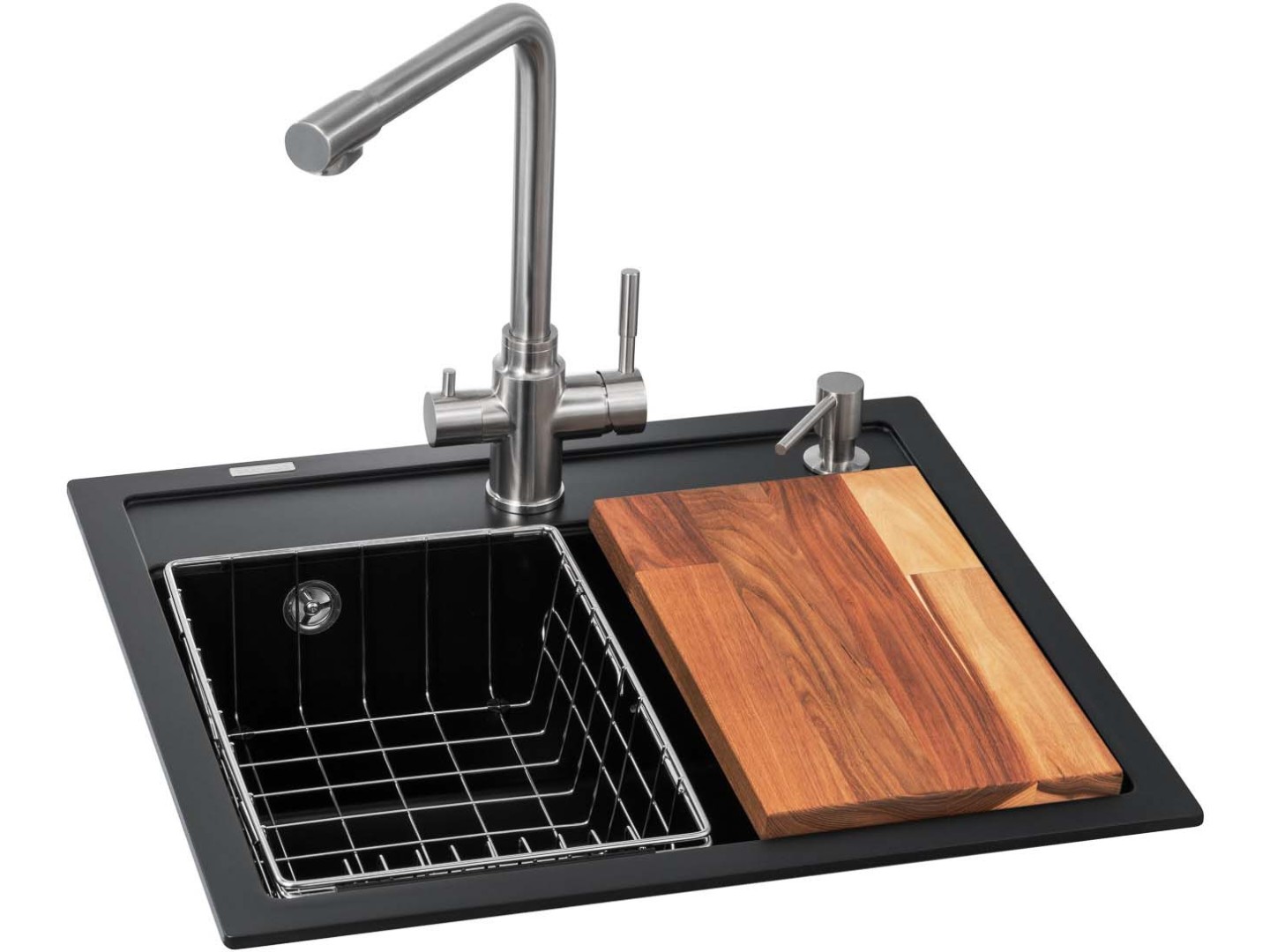 Мийка кухонна+змішувач GRANADO Optimal Lerida black shine (+ Badalona LUX inox + дозатор Redondo inox + кошик + дошка) — фото 1