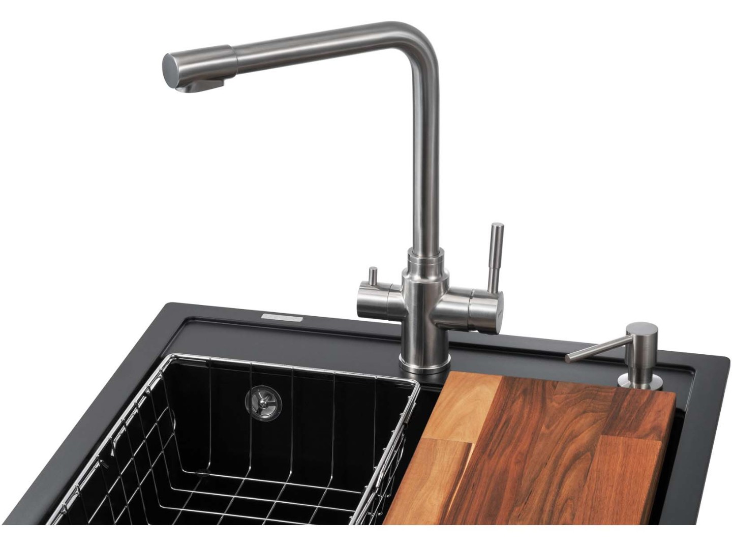 Мийка кухонна+змішувач GRANADO Optimal Lerida black shine (+ Badalona LUX inox + дозатор Redondo inox + кошик + дошка) — фото 2