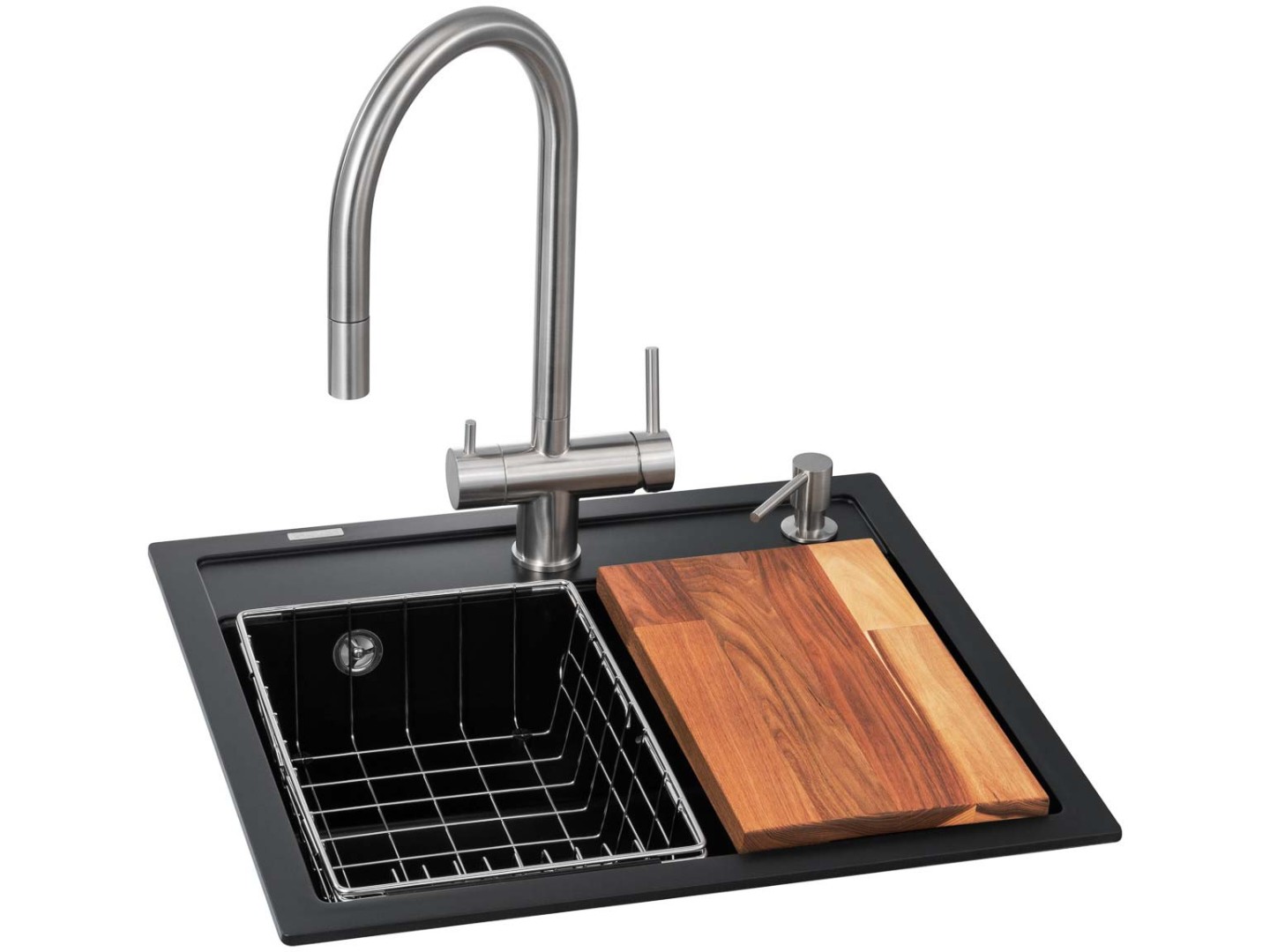 Мийка кухонна+змішувач GRANADO Royal Lerida black shine (+ подрібнювач Algar + Ferrol inox + дозатор Redondo inox + кошик + дошка)