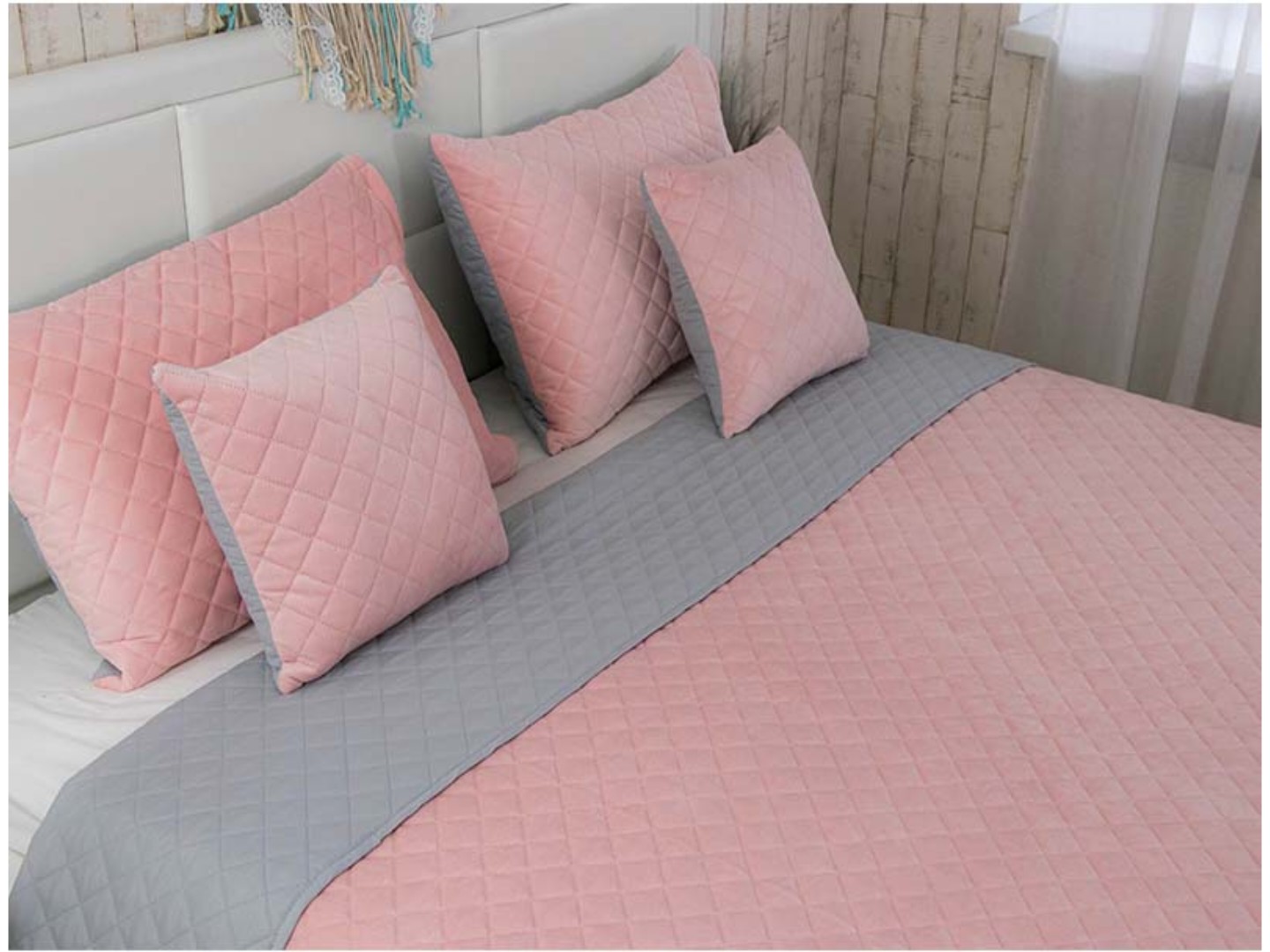 Покривало полуторне Руно 150х220 велюр (360.55_Pink and Grey ромб) — фото 5