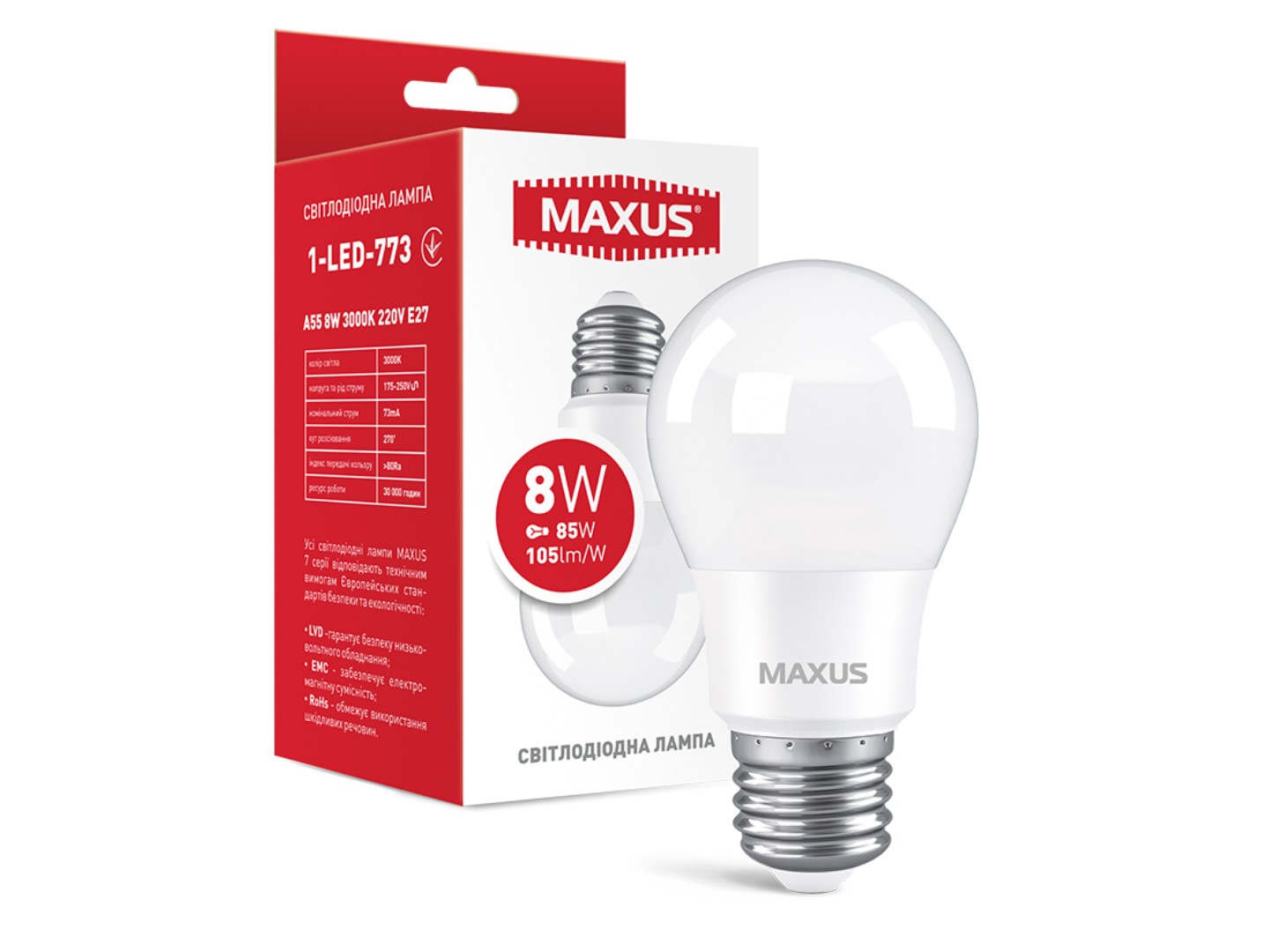 Лампочка світлодіодна Maxus A55 8W 3000K 220V E27 (1-LED-773) — фото 1