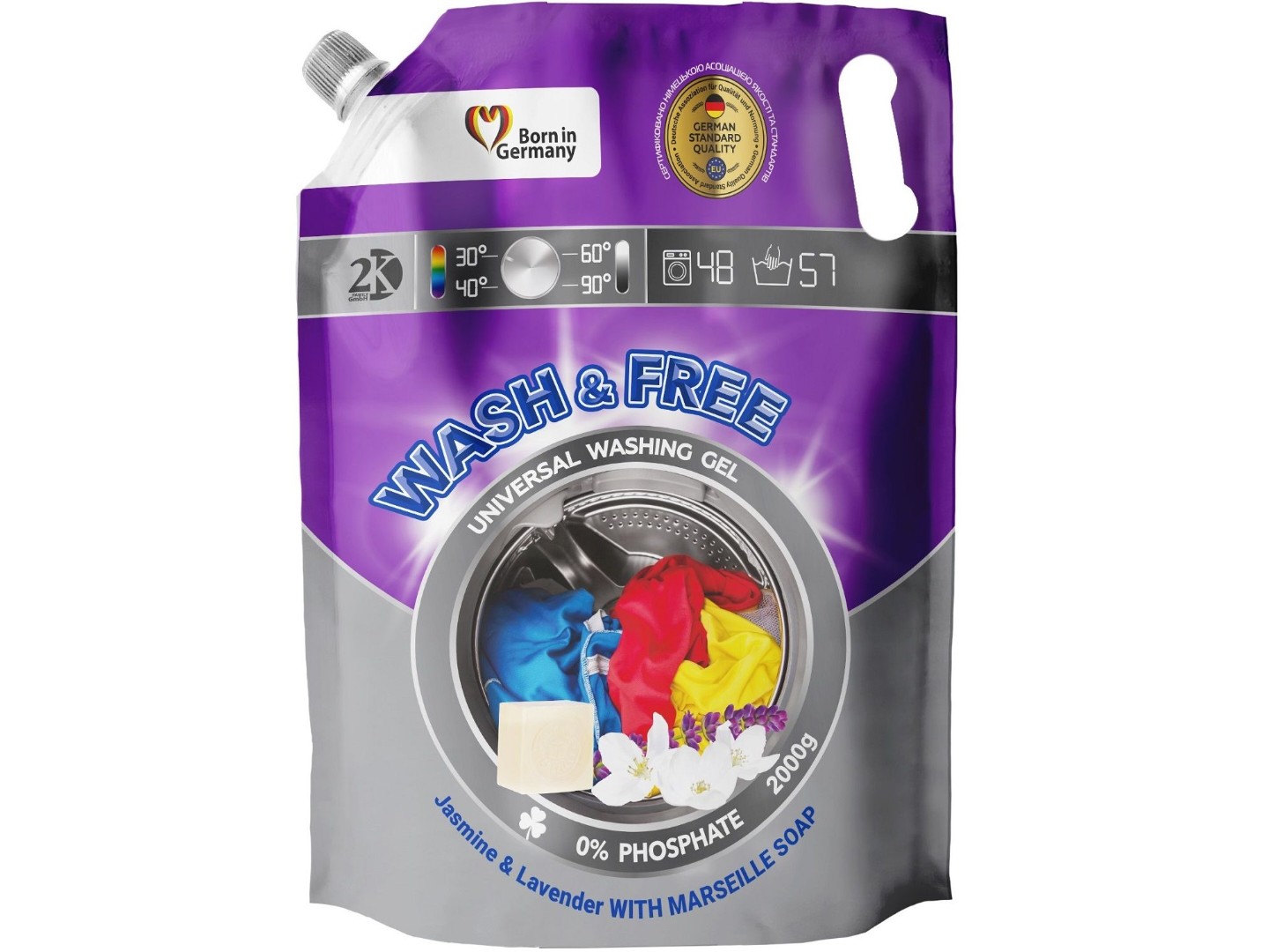 Гель для прання WASH & FREE Універсальний жасмин та лаванда з марсельським милом (DOYPACK) 2000г — фото 1