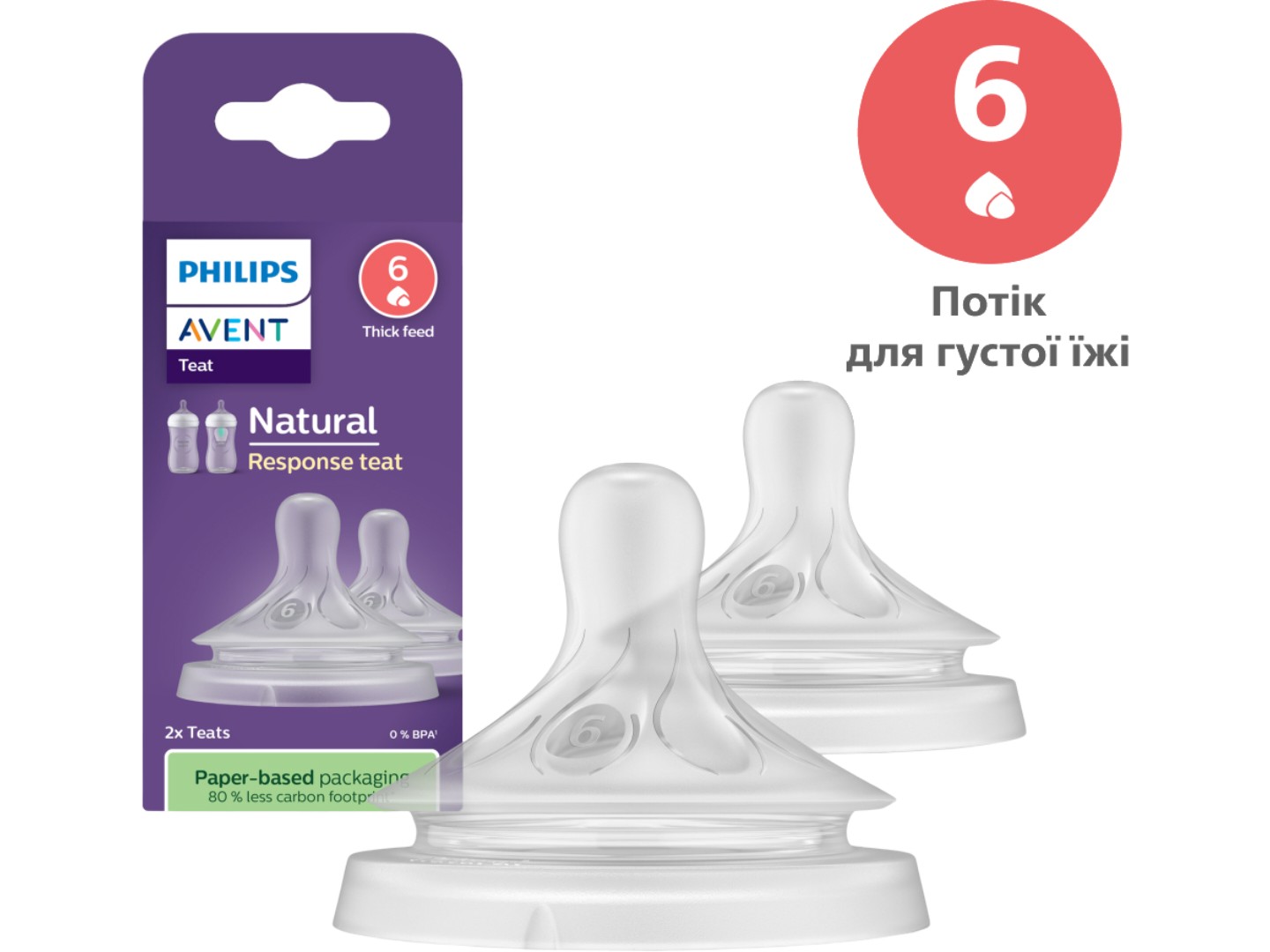 Великий потік соска дитяча силіконова Philips AVENT Natural Природний потік для густої їжі, 6 міс+, 2 шт. (SCY966/02) — фото 1