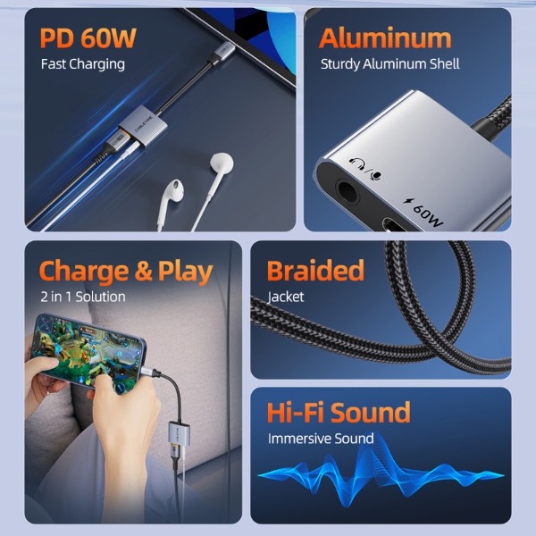 Фото - Переходник аудио Cabletime USB Type-C (M) - 3.5 мм (F) / Type-C (F) PD60W (CPA1G)