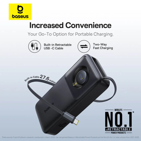 Фото - Батарея мобільна Baseus Free 2 Pull with Retractable Cable 20000mAh 65W PD QC Cosmic Black (P10073700123-00)