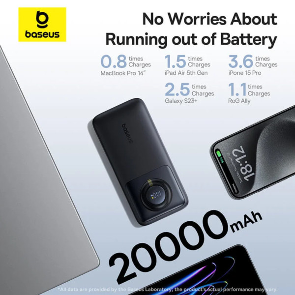 Фото - Батарея мобільна Baseus Free 2 Pull with Retractable Cable 20000mAh 65W PD QC Cosmic Black (P10073700123-00)