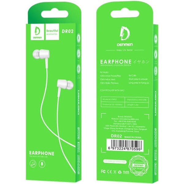 Фото - Наушники вкладыши проводные Denmen DR02 3.5mm 1.2 м White (DE-DR02-WH)