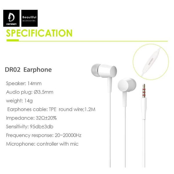 Фото - Наушники вкладыши проводные Denmen DR02 3.5mm 1.2 м White (DE-DR02-WH)