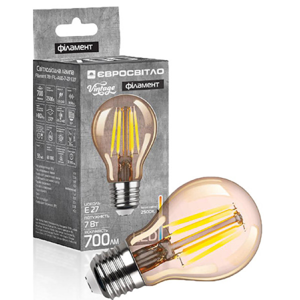 Фото - Лампочка світлодіодна Євросвітло Filament 7Вт FIL-A60-7-27 Е27 вінтажна (000059860)