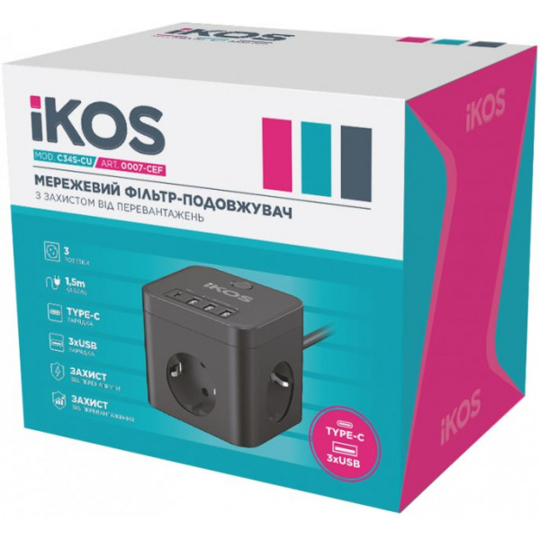 Фото - Мережевий фільтр Ikos C34S-CU Black (0007-CEF)