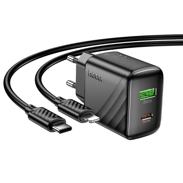 Фото - Мережевий зарядний пристрій HOCO CS25A Rico PD20W+QC3.0 charger set(C to iP) Black (6942007639798)