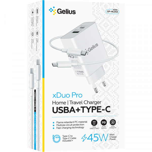 Фото - Мережевий зарядний пристрій Gelius X-Duo PRO 45W GP-HC053 White+Cable Type-C/Type-C (92355)
