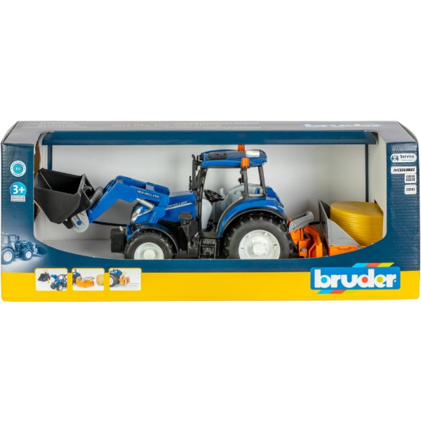 Фото - Наземная спецтехника BRUDER Трактор New Holland T5.121 с передним погрузчиком и аксессуарами (02187)