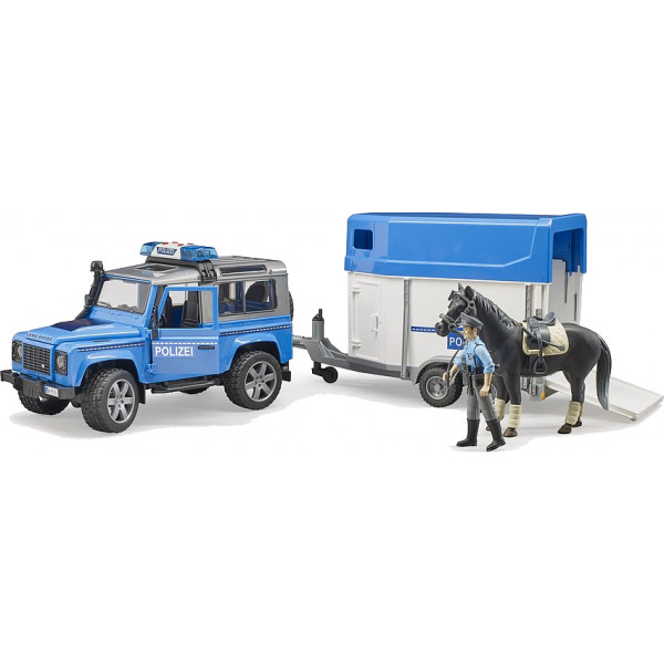 Фото - Наземная спецтехника BRUDER Полицейское авто Land Rover Defender с трейлером для перевозки коней, лошадь и фигурка (02588)