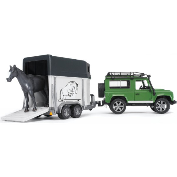 Фото - Автотранспорт BRUDER Автомобиль Land Rover Defender с трейлером для перевозки коней и лошадь (02592)