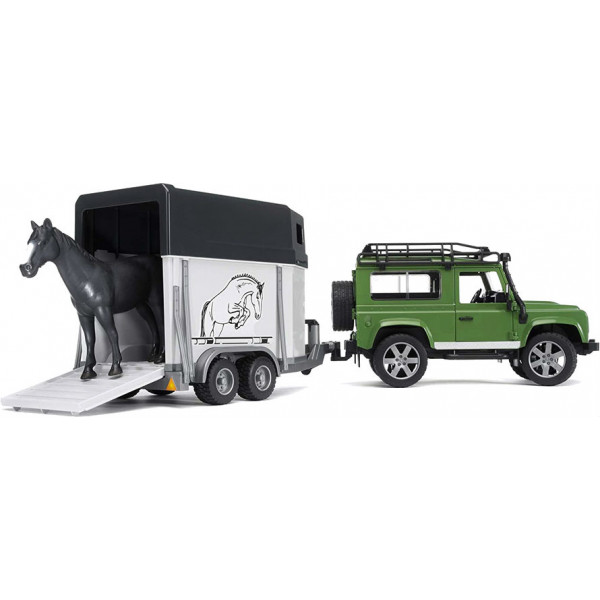 Фото - Наземна спецтехніка BRUDER Машинка джип Land Rover Defender з причепом для перевезення коней + конячка, М1: 16 (02592)