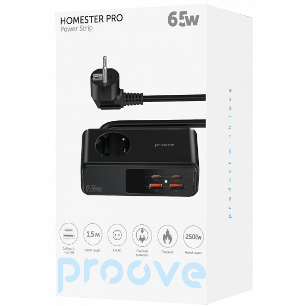 Фото - Мережевий фільтр Proove Homester Pro 65W (AC + 2xType-C + 2xUSB) 1.5m Black (PSHP25002201)
