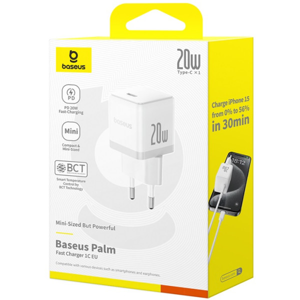 Фото - Сетевое зарядное устройство Baseus Palm Fast Charger 1C 20W EU Moon White (P10111602213-00)