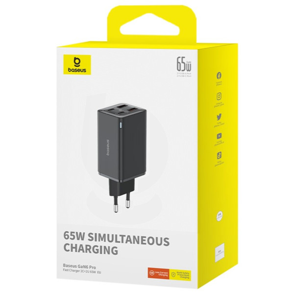 Фото - Мережевий зарядний пристрій Baseus GaN6 Pro Fast Charger 2C+2U 65W EU Cluster Type-C to Type-C 100W 1m Black (P10162701113-00)