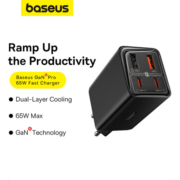 Фото - Мережевий зарядний пристрій Baseus GaN6 Pro Fast Charger 2C+2U 65W EU Cluster Type-C to Type-C 100W 1m Black (P10162701113-00)