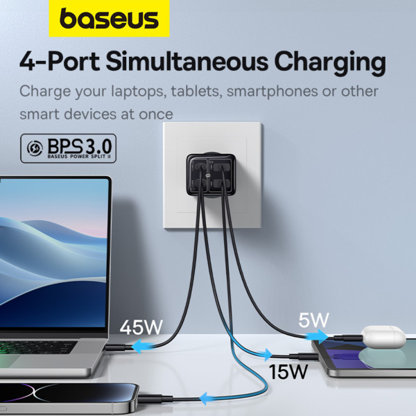Фото - Мережевий зарядний пристрій Baseus GaN6 Pro Fast Charger 2C+2U 65W EU Cluster Type-C to Type-C 100W 1m Black (P10162701113-00)