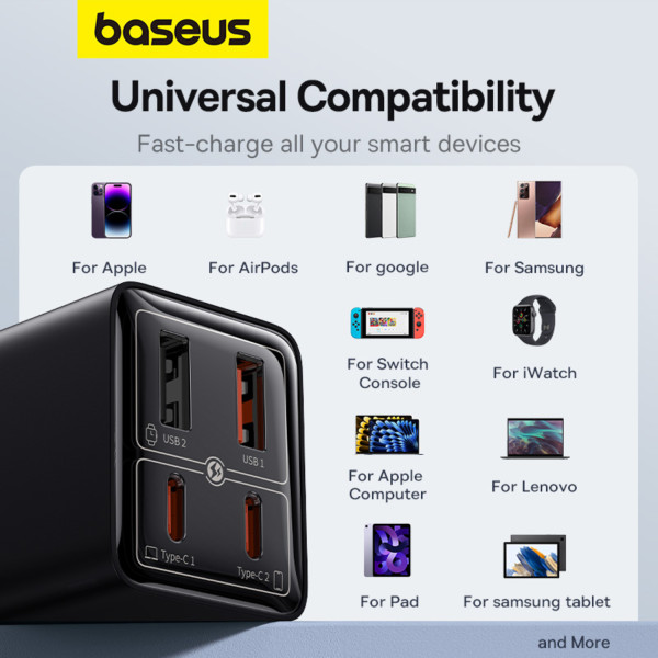 Фото - Мережевий зарядний пристрій Baseus GaN6 Pro Fast Charger 2C+2U 65W EU Cluster Type-C to Type-C 100W 1m Black (P10162701113-00)