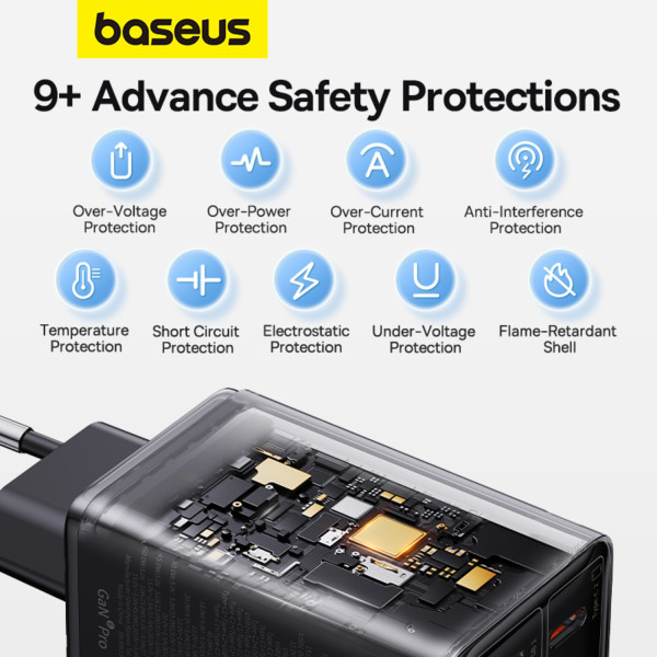 Фото - Мережевий зарядний пристрій Baseus GaN6 Pro Fast Charger 2C+2U 65W EU Cluster Type-C to Type-C 100W 1m Black (P10162701113-00)