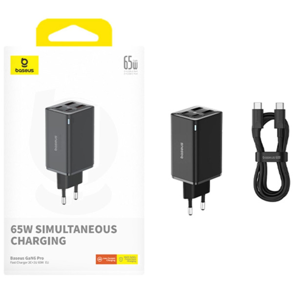 Фото - Мережевий зарядний пристрій Baseus GaN6 Pro Fast Charger 2C+2U 65W EU Cluster Type-C to Type-C 100W 1m Black (P10162701113-00)