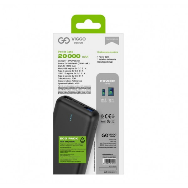 Фото - Батарея мобільна VIGGO POWER BANK PREMIUM 20000 mAh USB-C 20W Black (32758)