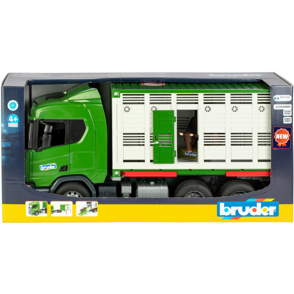 Фото - Наземна спецтехніка BRUDER Scania Super 560R для перевезення тварин з коровою (03548)