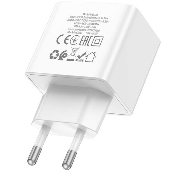 Фото - Мережевий зарядний пристрій BOROFONE BAS13A Erudite single port PD20W charger EU White (6941991104862)