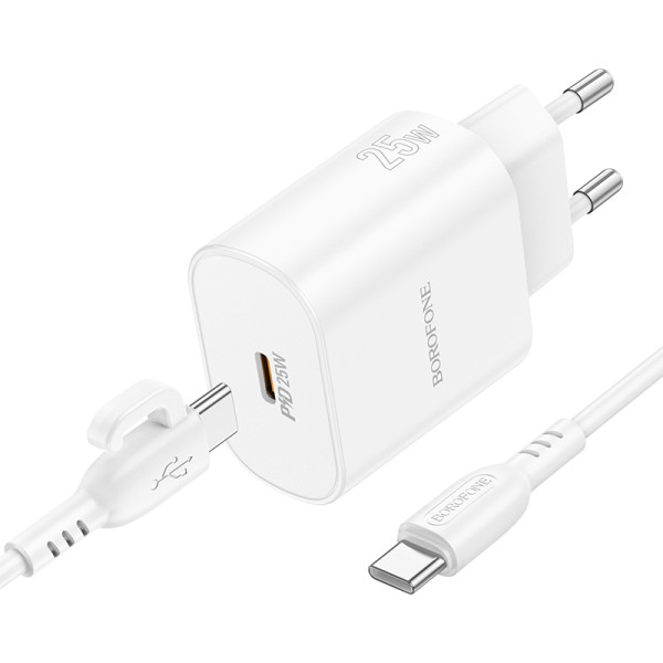 Фото - Мережевий зарядний пристрій BOROFONE BA82A Platinum single port PD25W charger set C to C EU White (6941991112270)