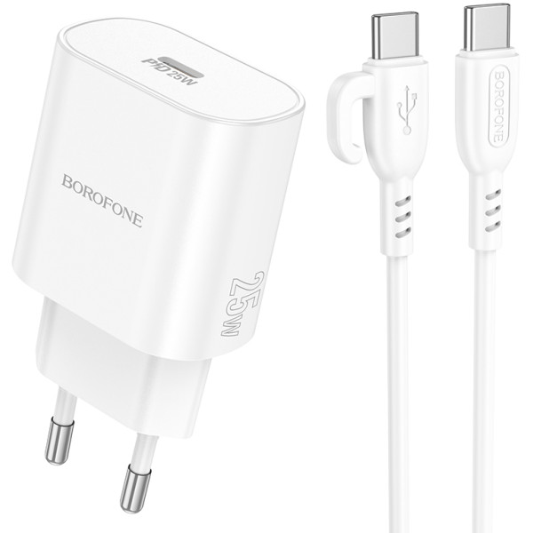 Фото - Мережевий зарядний пристрій BOROFONE BA82A Platinum single port PD25W charger set C to C EU White (6941991112270)