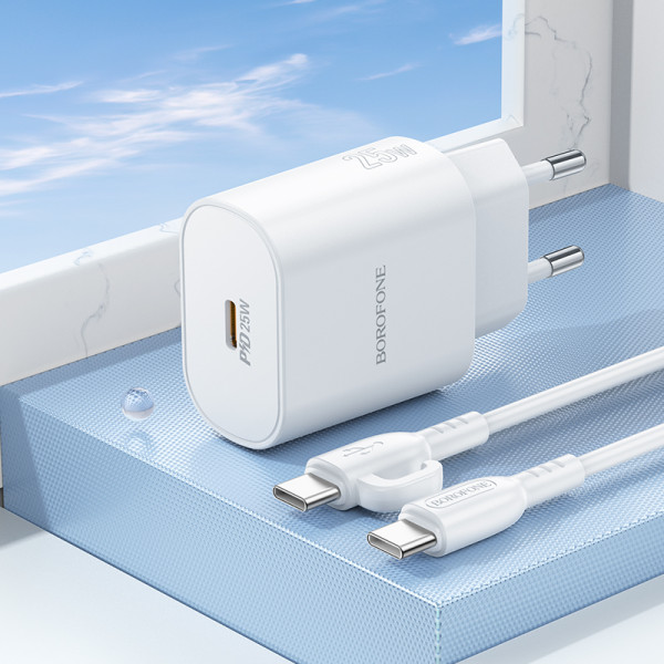 Фото - Мережевий зарядний пристрій BOROFONE BA82A Platinum single port PD25W charger set C to C EU White (6941991112270)