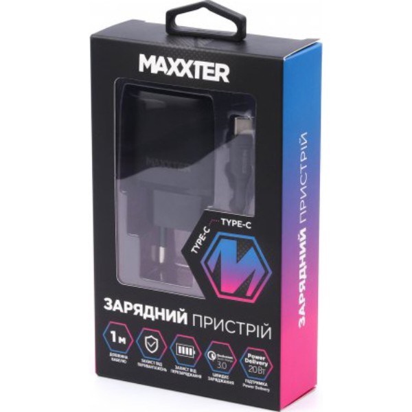 Фото - Сетевое зарядное устройство Maxxter 1 USB-A + 1 Type-C + Кабель Type-C to Type-C PD 18W + QC 18W (WC-QCPD-CtC-01)