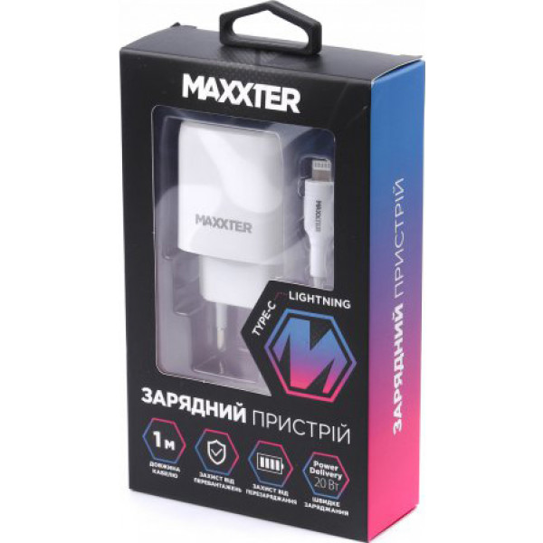 Фото - Уцінка - Мережевий зарядний пристрій Maxxter 1 USB-C + Кабель Type-C to Lighting Power Delivery 20W (WC-PD-CtL-01) #