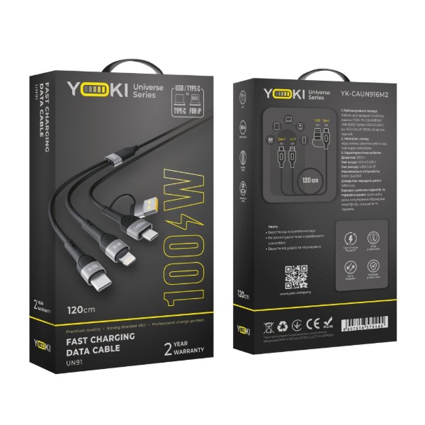 Фото - Кабель YOKI UNIVERSE USB-A/Type-C to Type-C/Lightning 100W 1.2m Black (YK-UN91)