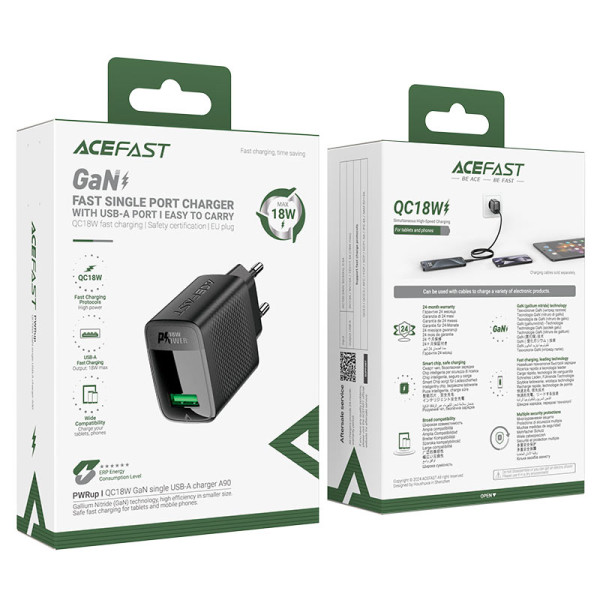 Фото - Мережевий зарядний пристрій AceFast A90 QC18W GaN single USB-A charger (EU) Black (6974316283249)