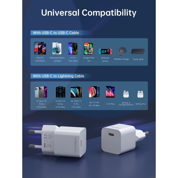 Фото - Мережевий зарядний пристрій Choetech USB-C GaN PD20W White (D5010-EU-WH)
