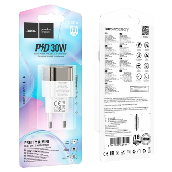 Фото - Мережевий зарядний пристрій HOCO C131A PD30W+QC3.0 charger(EU) Transparent black (6942007609821)