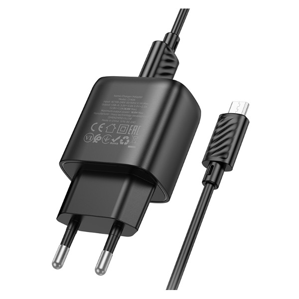 Фото - Сетевое зарядное устройство HOCO C140A Smart single port QC3.0 charger set(Micro)(EU) Black (6942007627801) Фото - Сетевое зарядное устройство HOCO C140A Smart single port QC3.0 charger set(Micro)(EU) Black (6942007627801)