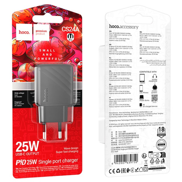 Фото - Мережевий зарядний пристрій HOCO CS24A Puerto single-port PD25W charger (EU) Black (6942007639750)