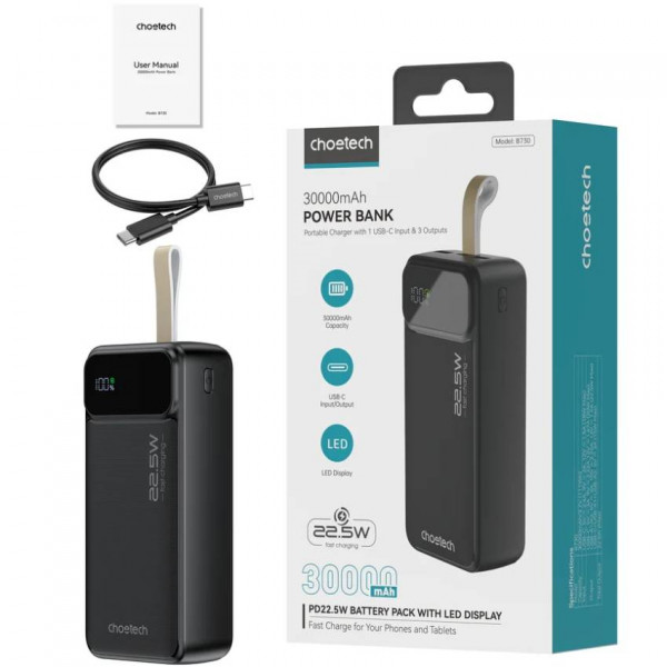 Фото - Батарея мобильная Choetech B730 30000mAh PD 22.5W Black (B730-ACBK)