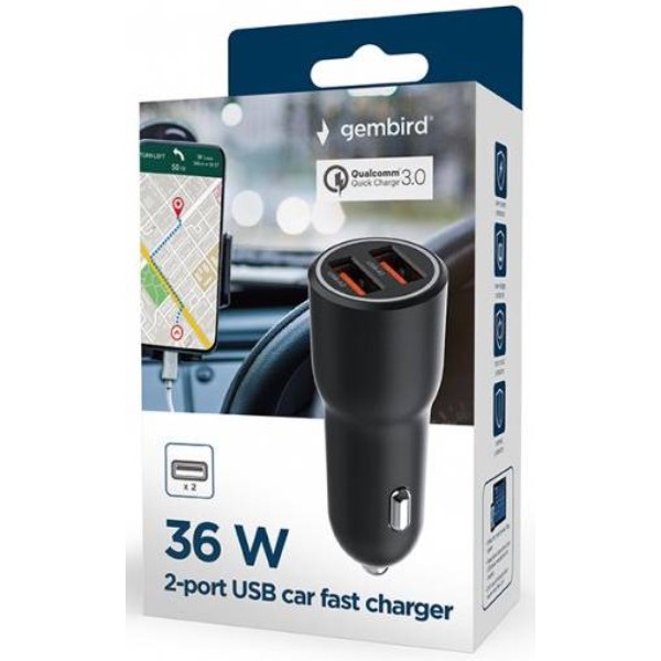 Фото - Автомобильное зарядное устройство Gembird 2xUSB-A 18W QC3.0 Black (TA-UC-A2QC36-CAR-01)