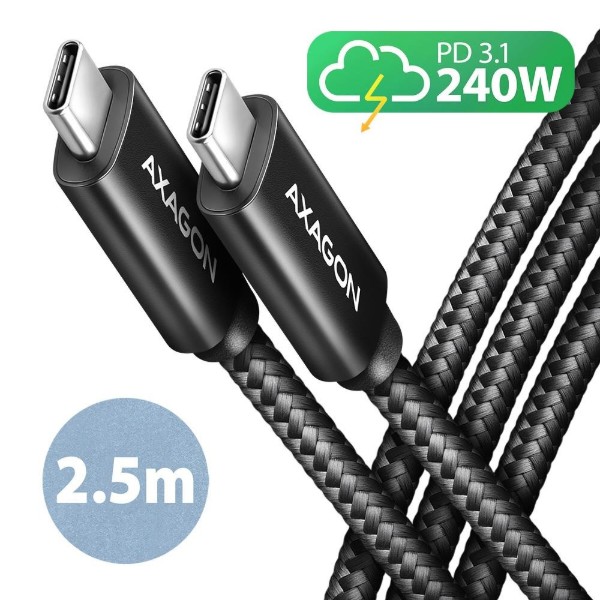 Фото - Кабель AXAGON USB-C 2.0, 2.5m, PD 240W 5A, Black (BUCM2-CM25AB)