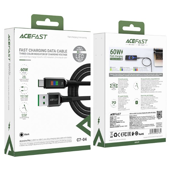 Фото - Кабель AceFast C7-04 USB to Type-C 3A, 1.2m Black (6974316282785)